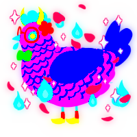 Friedcesca, a fuchsia and ultramarine chicken with a lace pattern