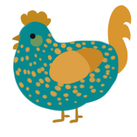A teal and orange chicken with a speckle pattern