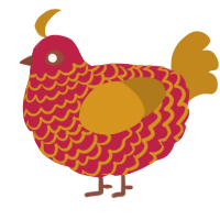 A crimson and ochre chicken with a lace pattern