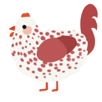 A white and red chicken with a speckle pattern
