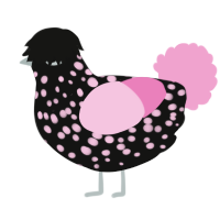 A black and pink chicken with a speckle pattern