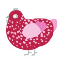 Mimi, a crimson and pink chicken with a speckle pattern