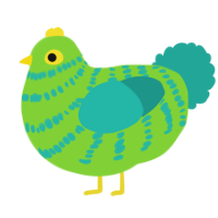 A grass and turquoise chicken with a bar pattern