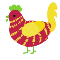 A crimson and yellow chicken with a bar pattern