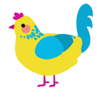 CMYK, a yellow and cerulean chicken with a neck-speckle pattern