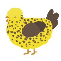A yellow and bark chicken with a speckle pattern