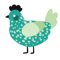 A turquoise and gluppy chicken with a speckle pattern