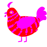 A grey and fuchsia chicken with a bar pattern