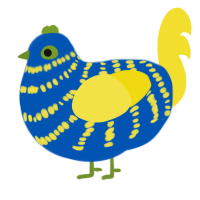 A ultramarine and yellow chicken with a bar pattern