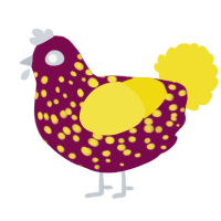 A wine and yellow chicken with a speckle pattern