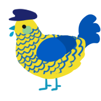A yellow and ultramarine chicken with a lace pattern