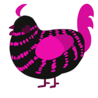 A black and fuchsia chicken with a bar pattern