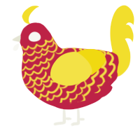 A crimson and yellow chicken with a lace pattern