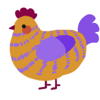 A orange and blurple chicken with a bar pattern