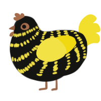 Evil Wasp, a black and yellow chicken with a bar pattern