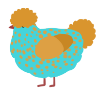 A aqua and orange chicken with a speckle pattern