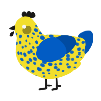 A yellow and ultramarine chicken with a speckle pattern