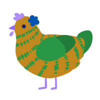 Shirley Temple, a ochre and viridian chicken with a bar pattern