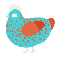 A aqua and vermilion chicken with a speckle pattern