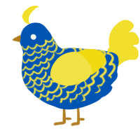 A ultramarine and yellow chicken with a lace pattern