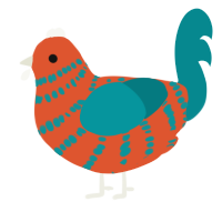 A vermilion and teal chicken with a bar pattern