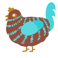 A russet and aqua chicken with a bar pattern