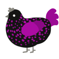 Redshift, a black and plum chicken with a speckle pattern