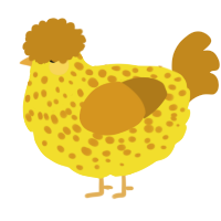 A yellow and ochre chicken with a speckle pattern