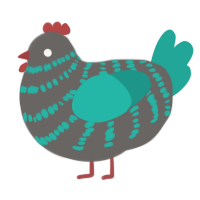 A grey and turquoise chicken with a bar pattern