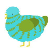 A aqua and chartreuse chicken with a bar pattern