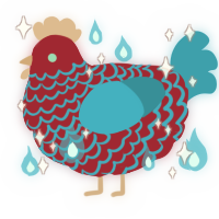 A crimson and cerulean chicken with a lace pattern