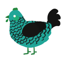 A turquoise and black chicken with a lace pattern