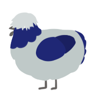 A silver and navy chicken with a head pattern