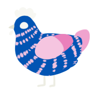 A ultramarine and pink chicken with a bar pattern