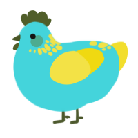 A aqua and yellow chicken with a neck-speckle pattern