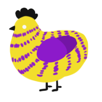 A yellow and violet chicken with a bar pattern