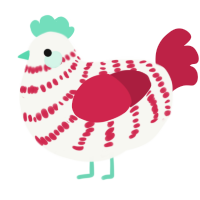 Floss, a white and crimson chicken with a bar pattern