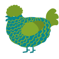 A teal and chartreuse chicken with a lace pattern