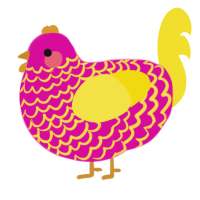 A fuchsia and yellow chicken with a lace pattern