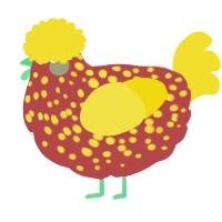 A red and yellow chicken with a speckle pattern
