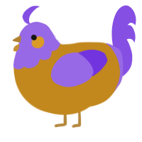 A ochre and blurple chicken with a head pattern