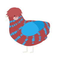 A red and sky chicken with a bar pattern