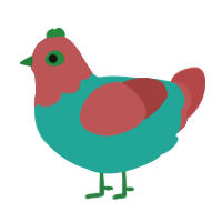 A turquoise and red chicken with a head pattern