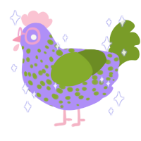 Influenza, a lilac and chartreuse chicken with a speckle pattern