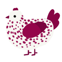 A white and maroon chicken with a speckle pattern
