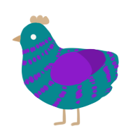 A teal and violet chicken with a bar pattern