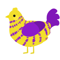 A yellow and violet chicken with a bar pattern