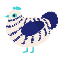A cream and navy chicken with a bar pattern