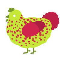 A lime and crimson chicken with a speckle pattern