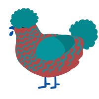 A red and teal chicken with a lace pattern